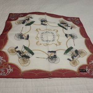 Authentic Celine Red carriage motifs This vintage White Cotton Scarf 18"x18"